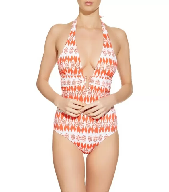 Costum baie forma U alb si portocaliu